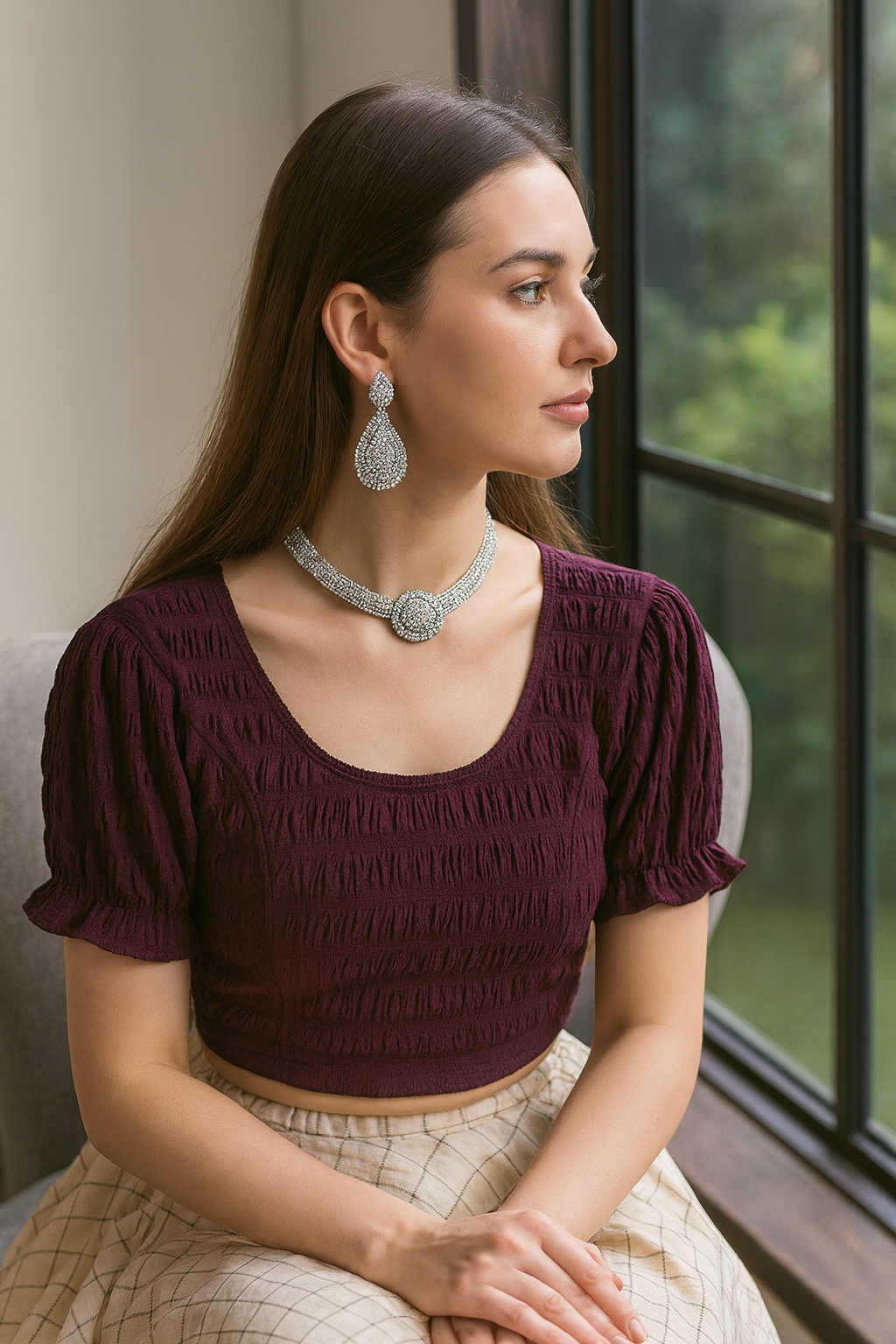 Stay On Trend with FinestFit Readymade Balloon Sleeves Blouse for Women - Round Neckline, Fabric Balloon Sleeves - 18001 - FINESTFIT