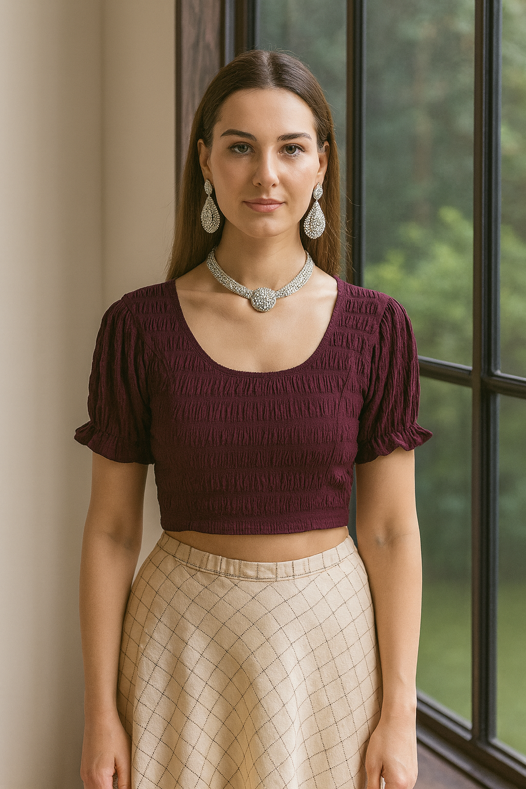 Stay On Trend with FinestFit Readymade Balloon Sleeves Blouse for Women - Round Neckline, Fabric Balloon Sleeves - 18001 - FINESTFIT