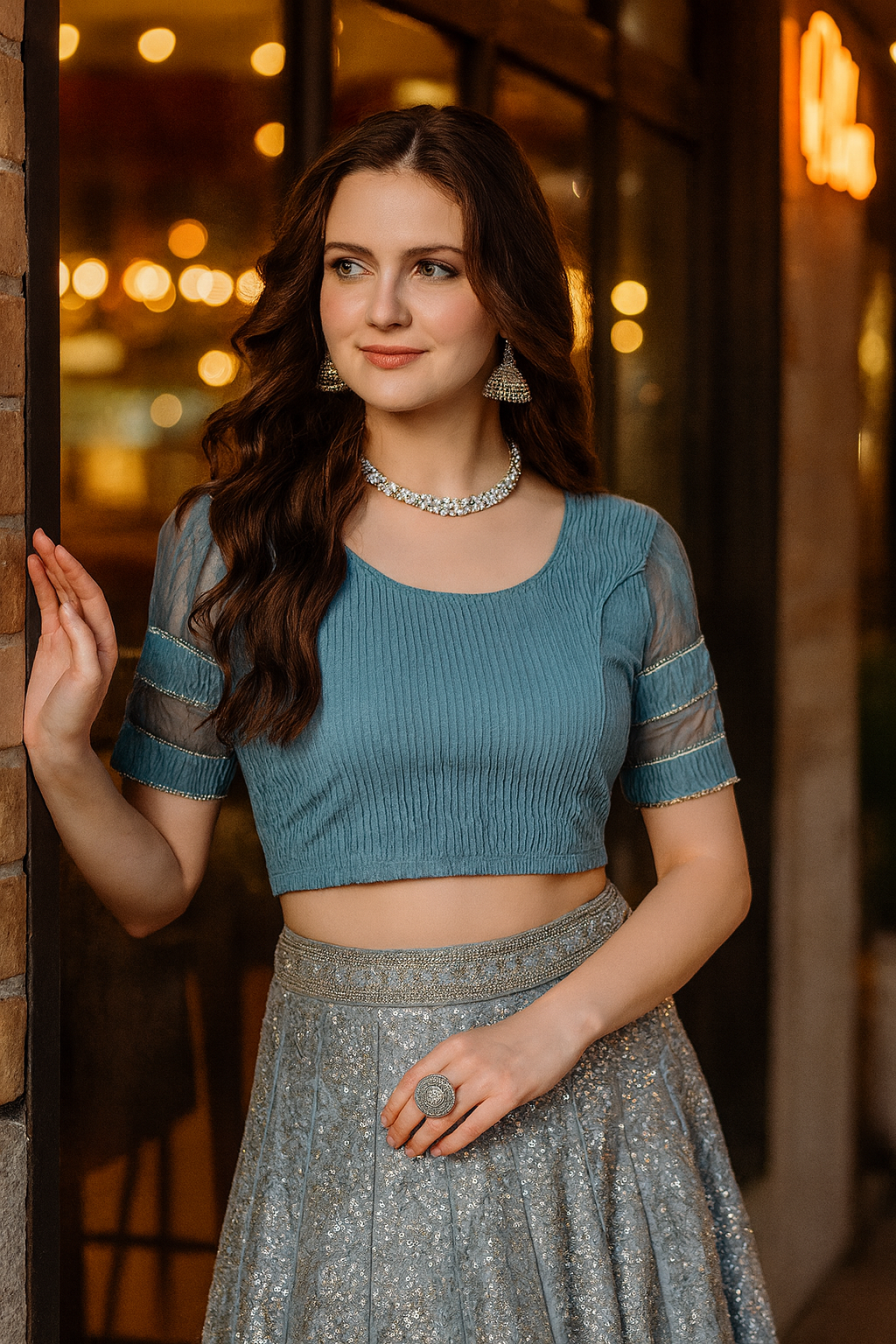 FINESTFIT : STAY ON TREND : Organza Elbow Sleeves Blouse with Fancy Lace - Round Neck, Half and Half Fabric, Women's Fashion 30003 - FINESTFIT