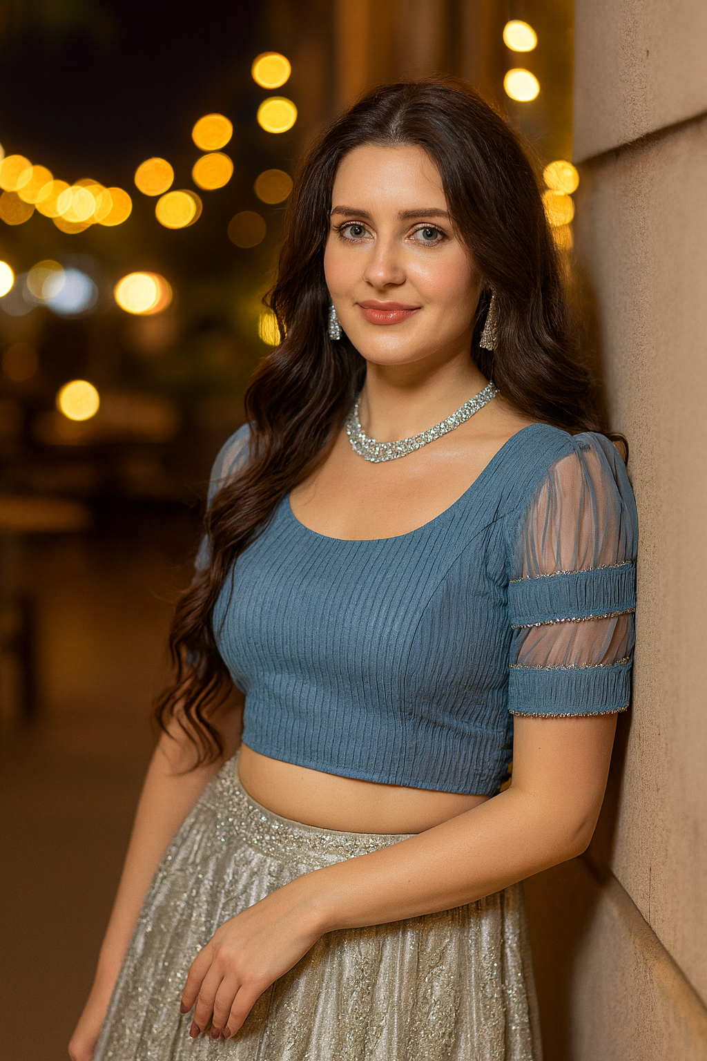 FINESTFIT : STAY ON TREND : Organza Elbow Sleeves Blouse with Fancy Lace - Round Neck, Half and Half Fabric, Women's Fashion 30003 - FINESTFIT