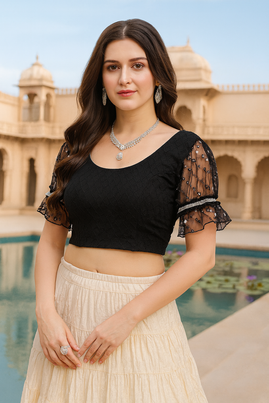 Finestfit Latest Fashion Readymade Blouses for Women with Round Neckline, Abala Organza Work, Balloon Sleeves, and Lace Detail 35050 - FINESTFIT