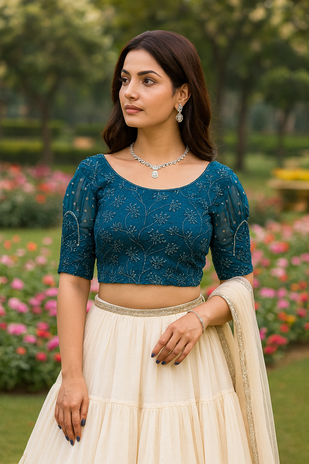 Stay On Trend: Latest Fashion Readymade Blouses for Women,round neckline,organza puff sleeves adorned with silver lace .32033 - FINESTFIT