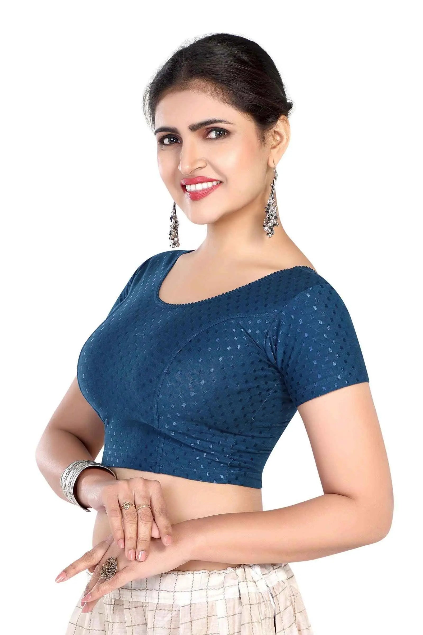 FINESTFIT BUY 1 GET 1 FREE Round Neck Dobby Fabric Stretchable Cap Sleeve Readymade Saree Blouse for Women-1195