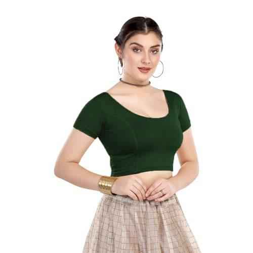 FINESTFIT Cotton Lycra Short Sleeves Blouse Readymade Crop Top Choli for Girls & Women - Comfy Round Neck Design