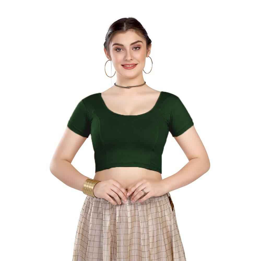 FINESTFIT Cotton Lycra Short Sleeves Blouse Readymade Crop Top Choli for Girls & Women - Comfy Round Neck Design