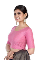 FINESTFIT Round Neck Dobby Fabric Stretchable Elbow Sleeve Readymade Saree Blouse for Women-1196