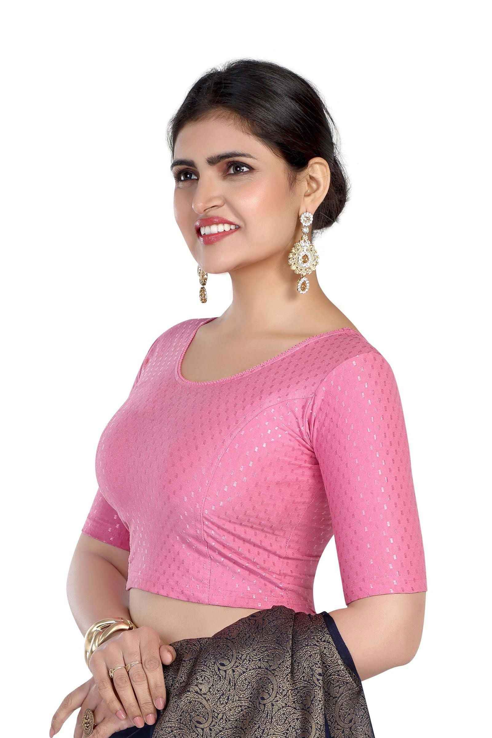 FINESTFIT Round Neck Dobby Fabric Stretchable Elbow Sleeve Readymade Saree Blouse for Women-1196