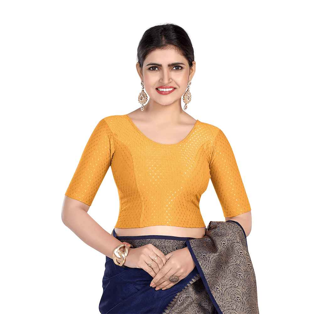 FINESTFIT Round Neck Dobby Fabric Stretchable Elbow Sleeve Readymade Saree Blouse for Women-1196