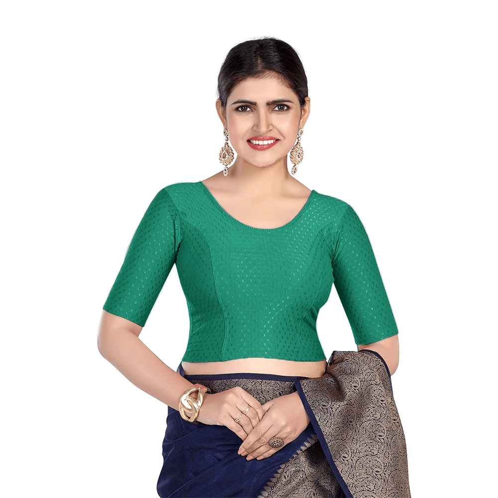 FINESTFIT Round Neck Dobby Fabric Stretchable Elbow Sleeve Readymade Saree Blouse for Women-1196