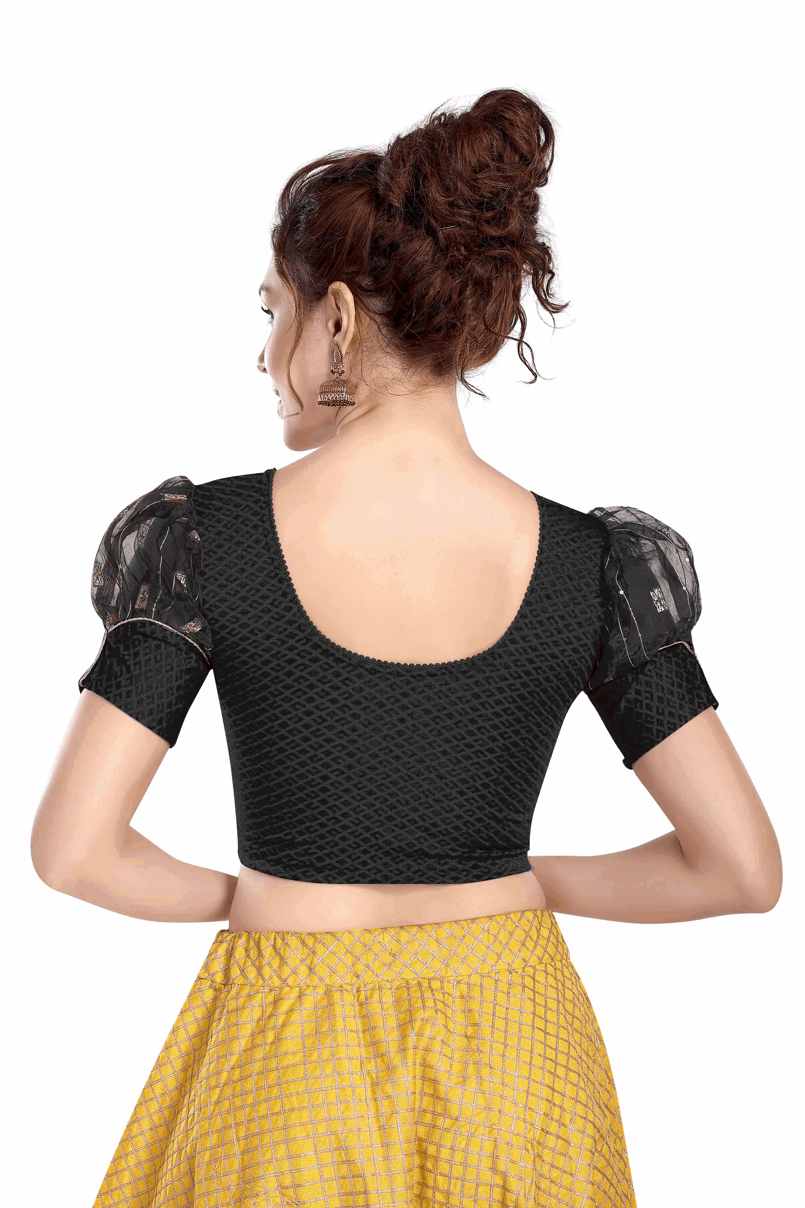 FINESTFIT Stay On Trend Latest Fashion Readymade Blouses for Women,Round Neckline with Organza Balloon Sleeves and Fabric Cuff.18152 