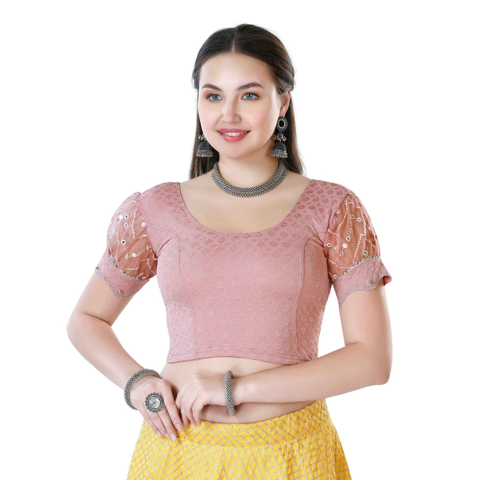 Finestfit Latest Fashion Readymade Blouses for Women - Round Neckline with Abala Organza Balloon Sleeves and Scallop Cut-out Hem Featuring Swarovski and Beads 36006 - FINESTFIT