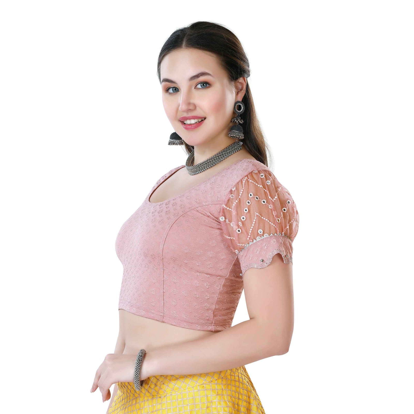 Finestfit Latest Fashion Readymade Blouses for Women - Round Neckline with Abala Organza Balloon Sleeves and Scallop Cut-out Hem Featuring Swarovski and Beads 36006 - FINESTFIT