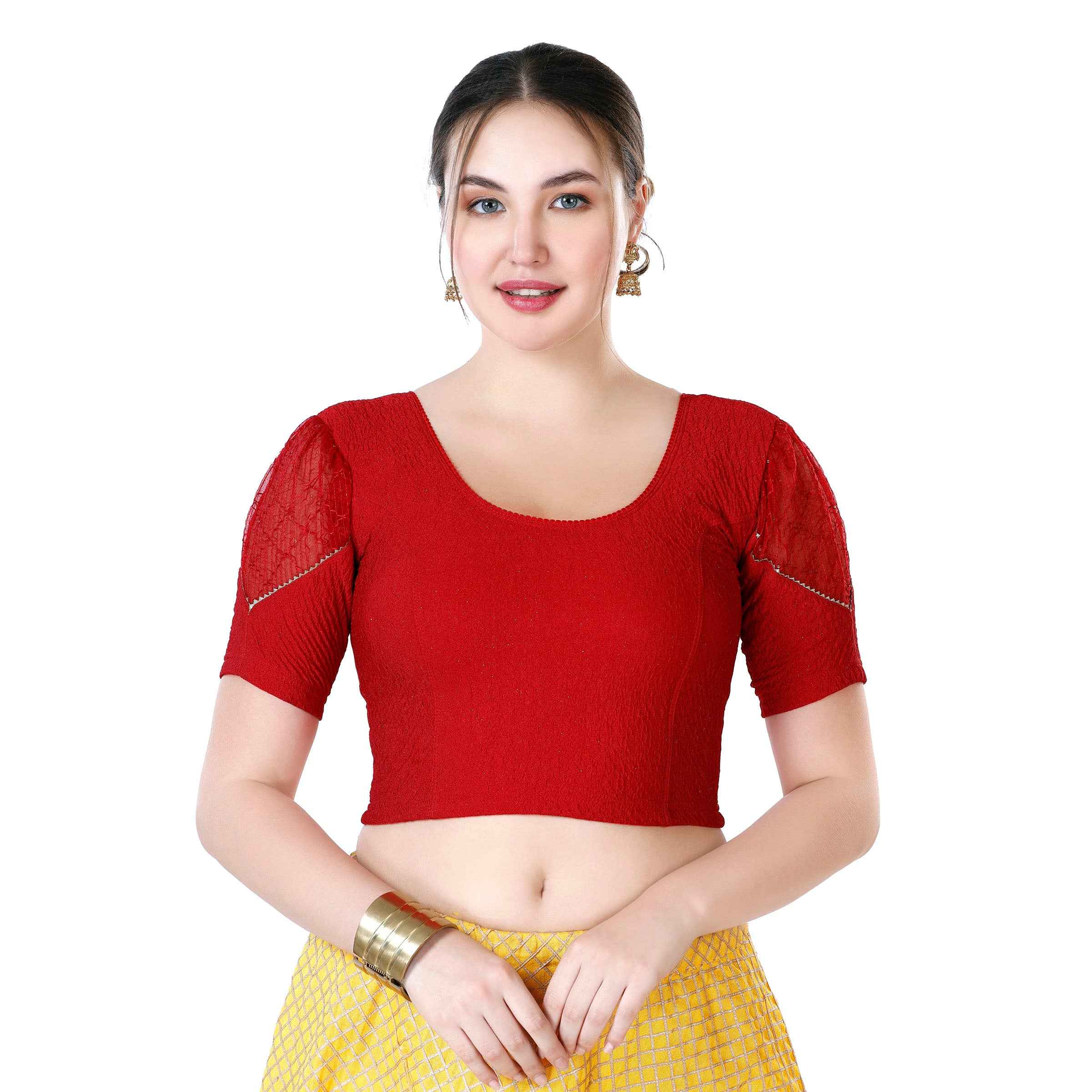 Stay On Trend: Latest Fashion Readymade Blouses for Women,round neckline,puff sleeves with lace detail.32031
