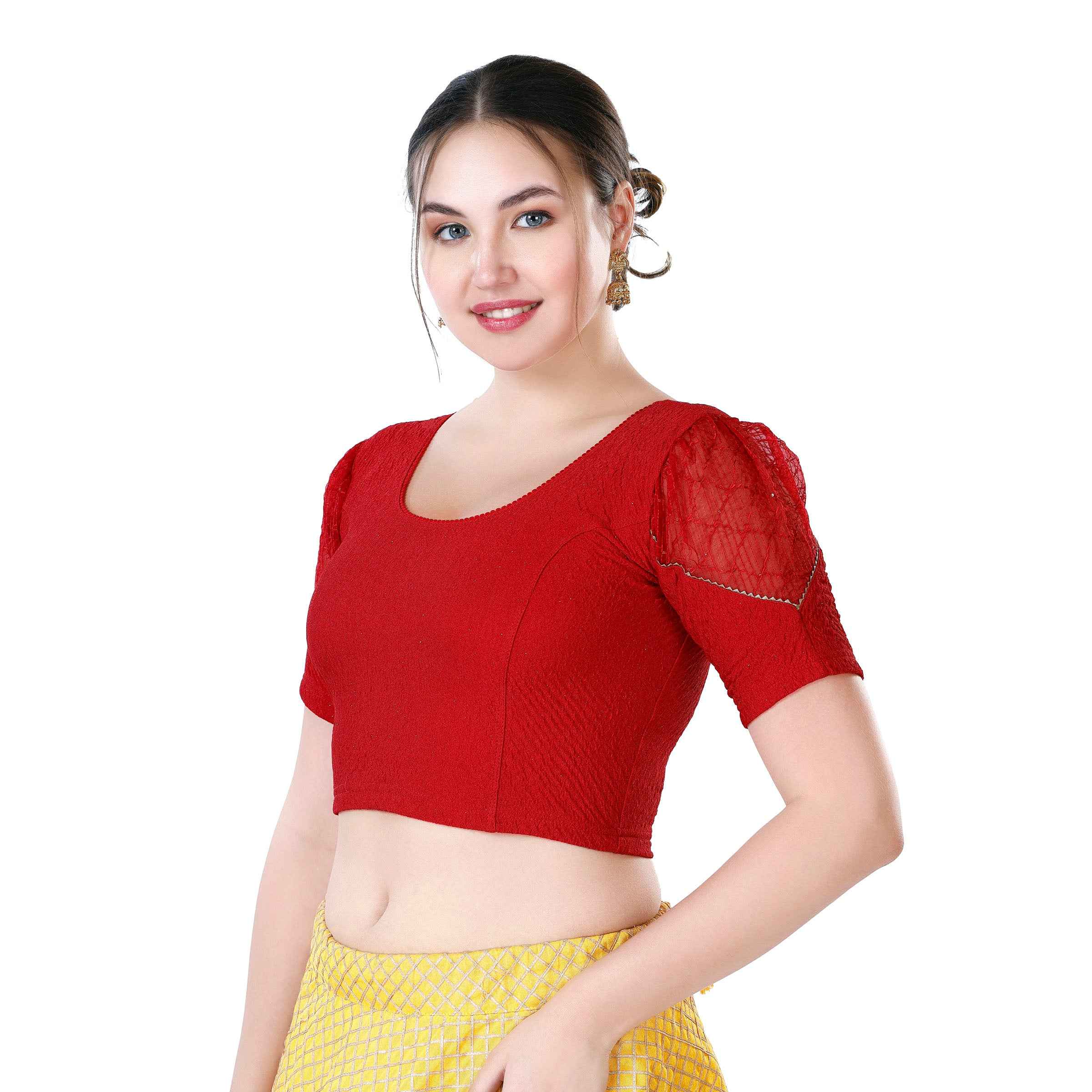 Stay On Trend: Latest Fashion Readymade Blouses for Women,round neckline,puff sleeves with lace detail.32031