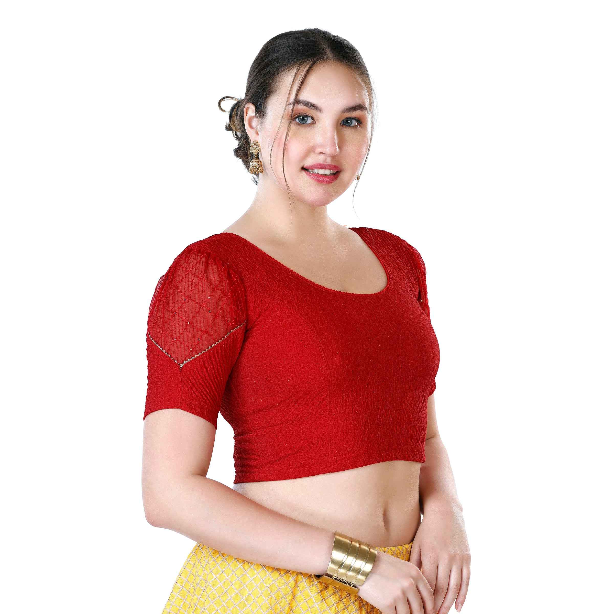 Stay On Trend: Latest Fashion Readymade Blouses for Women,round neckline,puff sleeves with lace detail.32031
