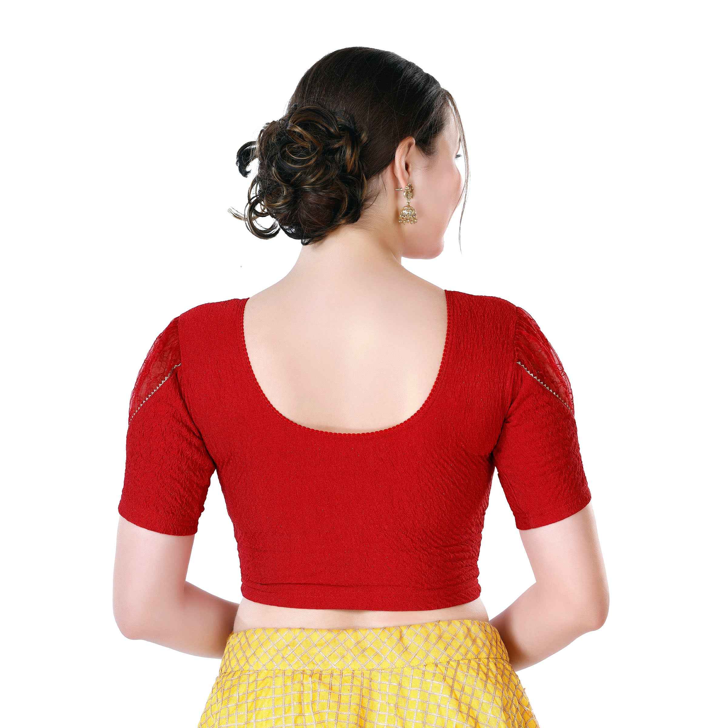 Stay On Trend: Latest Fashion Readymade Blouses for Women,round neckline,puff sleeves with lace detail.32031