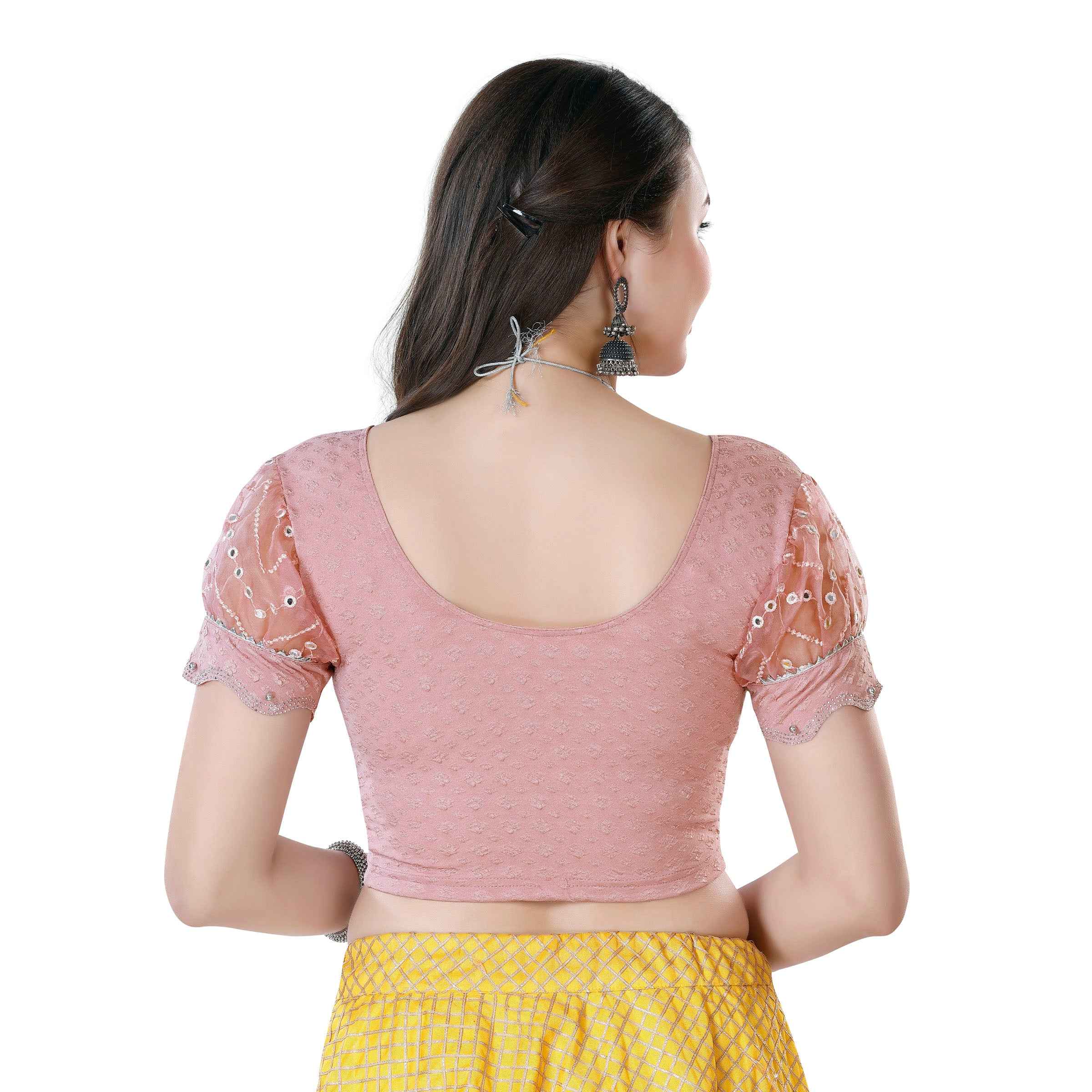 Stay On Trend: Latest Fashion Readymade Blouses for Women,round neckline ,abala organza balloon sleeves with scallop style cut-out hem adorned with swarovski and beads.36006