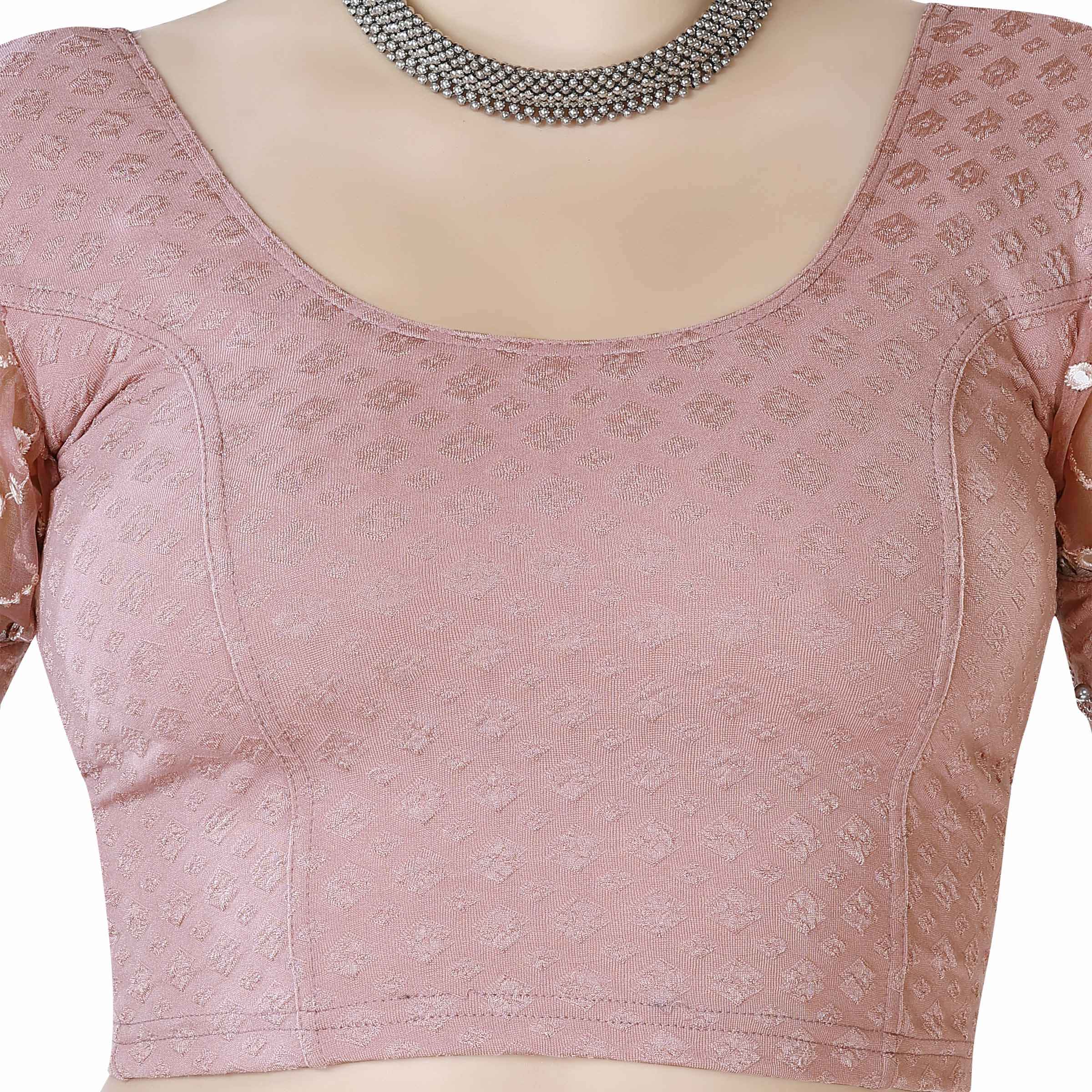 Stay On Trend: Latest Fashion Readymade Blouses for Women,round neckline ,abala organza balloon sleeves with scallop style cut-out hem adorned with swarovski and beads.36006