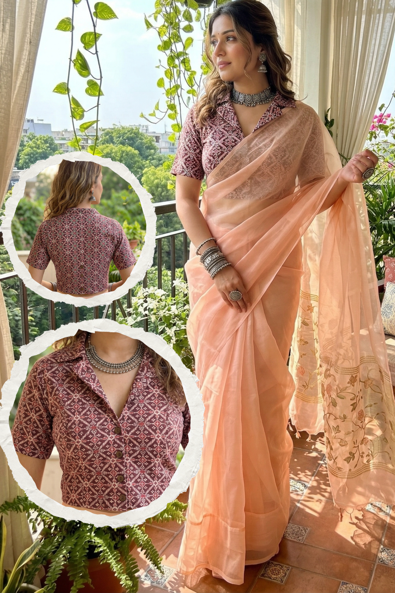 Woman in peach saree with matching blouse, standing outdoors with greenery in the background.