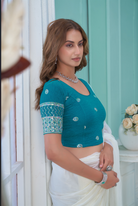 Stay On Trend: Latest Fashion Readymade Blouses for Women,round neckline,embroidered border detail on elbow sleeves.34057