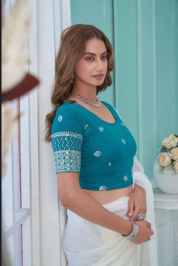 Stay On Trend: Latest Fashion Readymade Blouses for Women,round neckline,embroidered border detail on elbow sleeves.34057