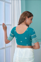 Stay On Trend: Latest Fashion Readymade Blouses for Women,round neckline,embroidered border detail on elbow sleeves.34057