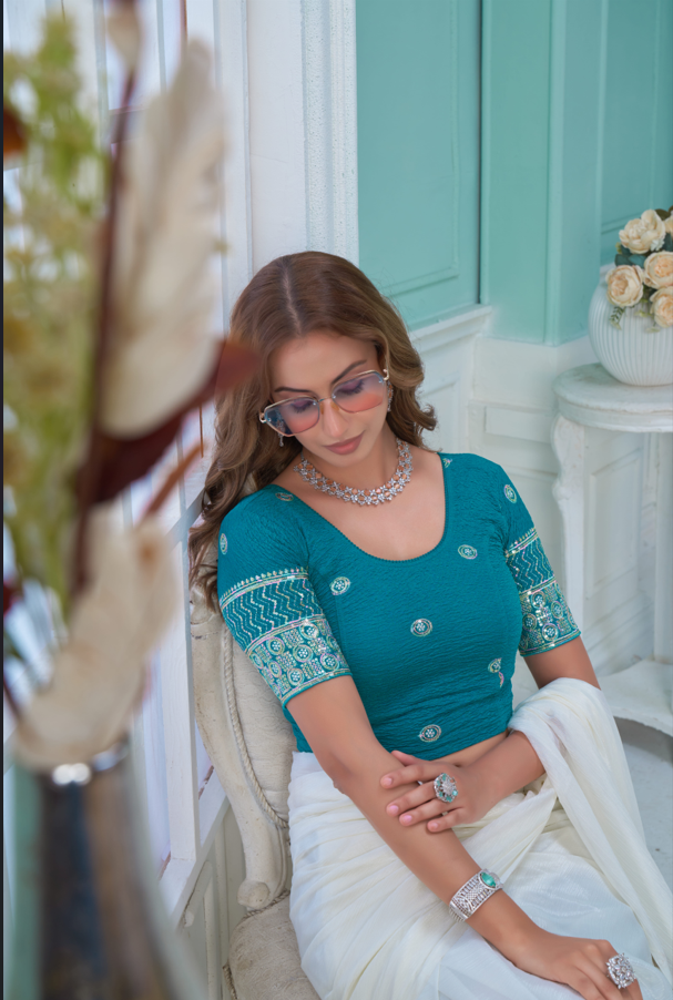 Stay On Trend: Latest Fashion Readymade Blouses for Women,round neckline,embroidered border detail on elbow sleeves.34057