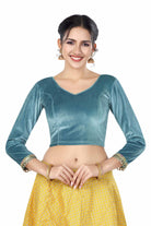 Stay On Trend: Latest Fashion Readymade Blouses for Women,V neckline adorned with piping & full sleeves with handmade multi-colour lace on hem for glamourous look.32020 