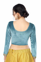 Stay On Trend: Latest Fashion Readymade Blouses for Women,V neckline adorned with piping & full sleeves with handmade multi-colour lace on hem for glamourous look.32020 