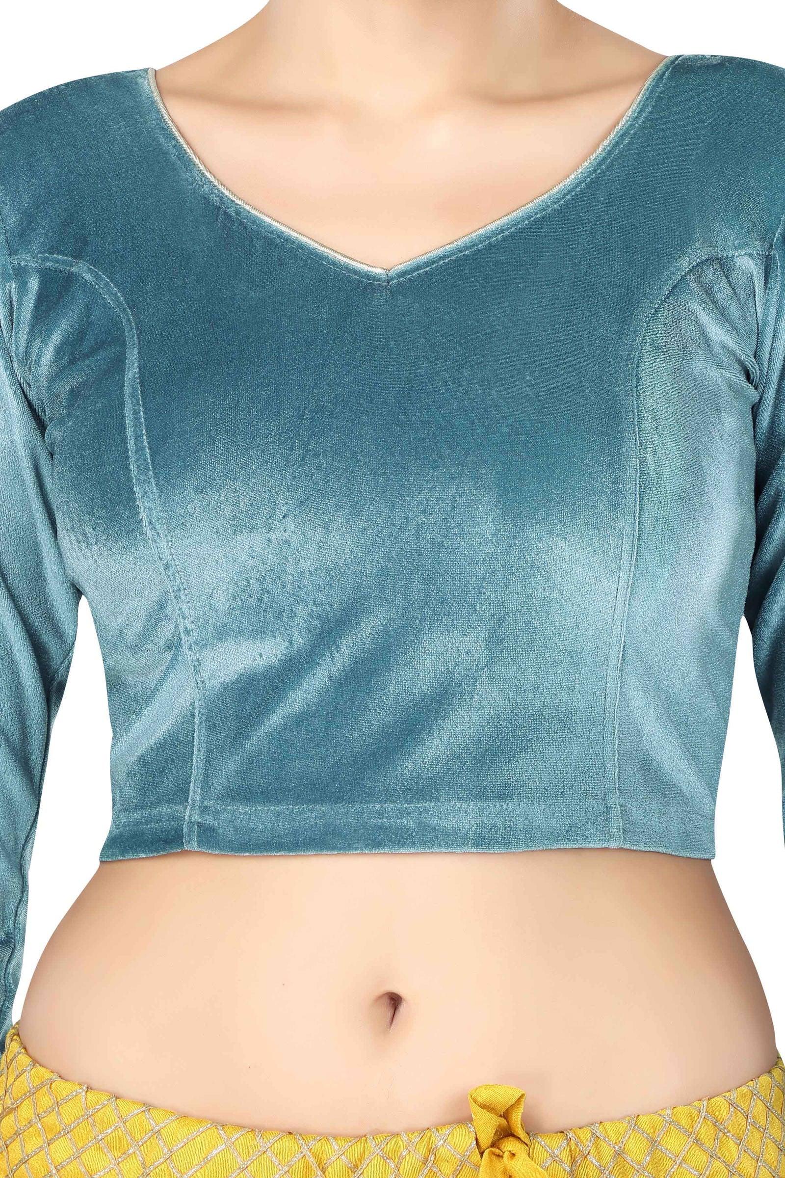Stay On Trend: Latest Fashion Readymade Blouses for Women,V neckline adorned with piping & full sleeves with handmade multi-colour lace on hem for glamourous look.32020 