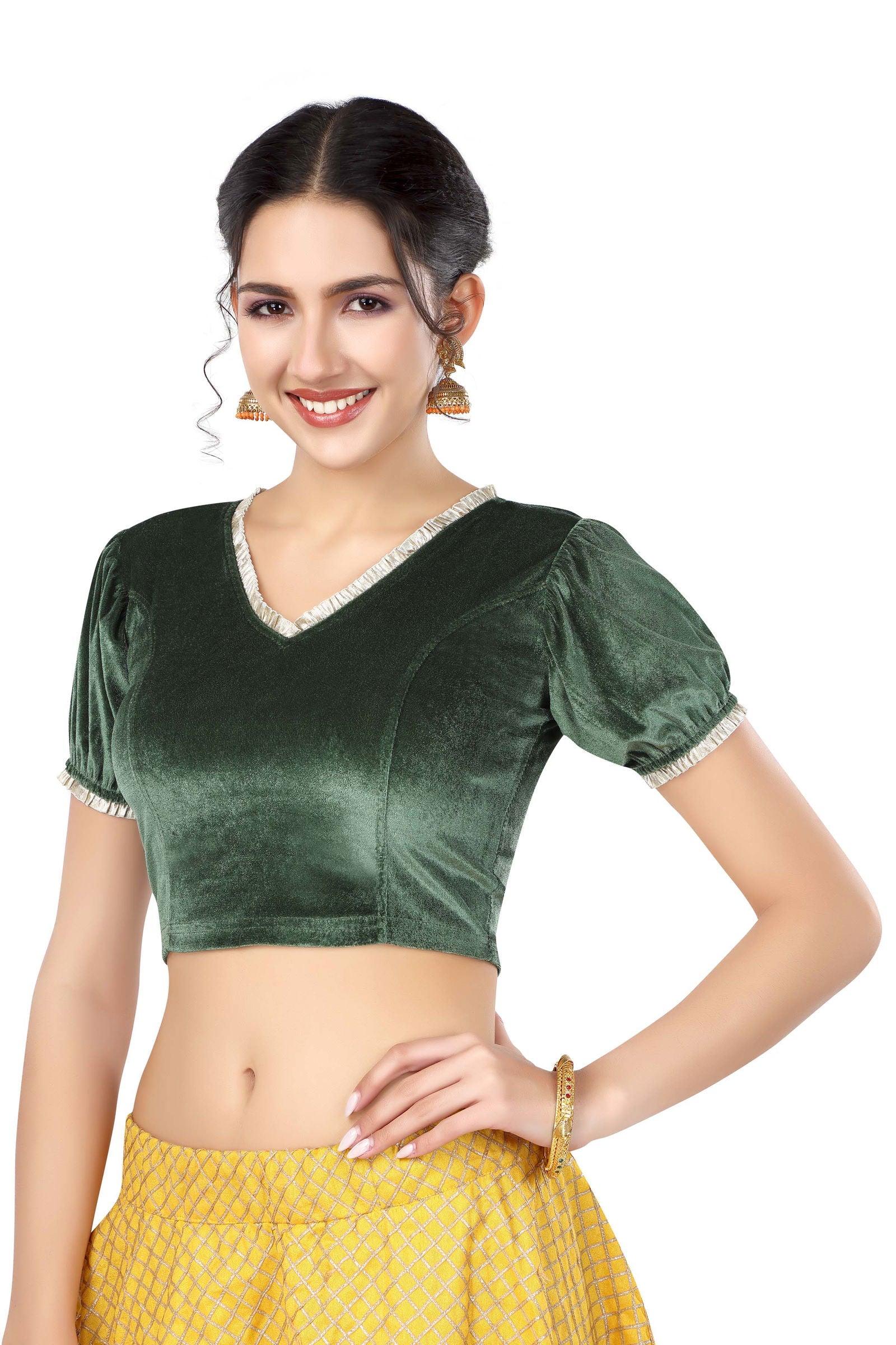 Stay On Trend: Latest Fashion Readymade Blouses for Women,V neckline  neckline adorned with fancy pearl colour ruffle lace,balloon sleeves with ruffle hem. 32028 
