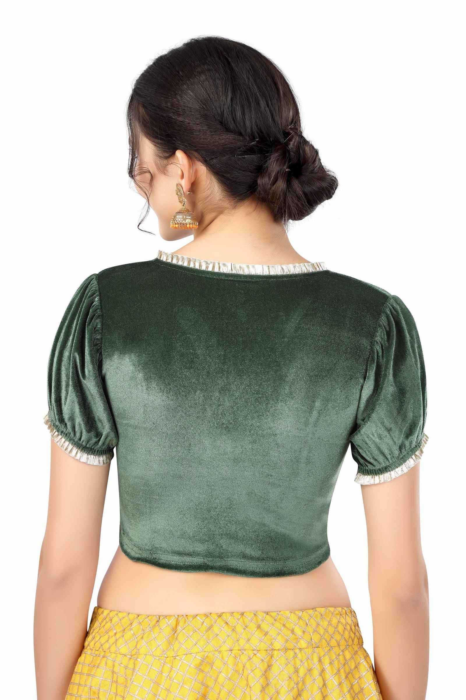 Stay On Trend with FinestFit Readymade Balloon Sleeves Blouse for Women - V Neckline with Pearl Ruffle Lace and Ruffle Hem