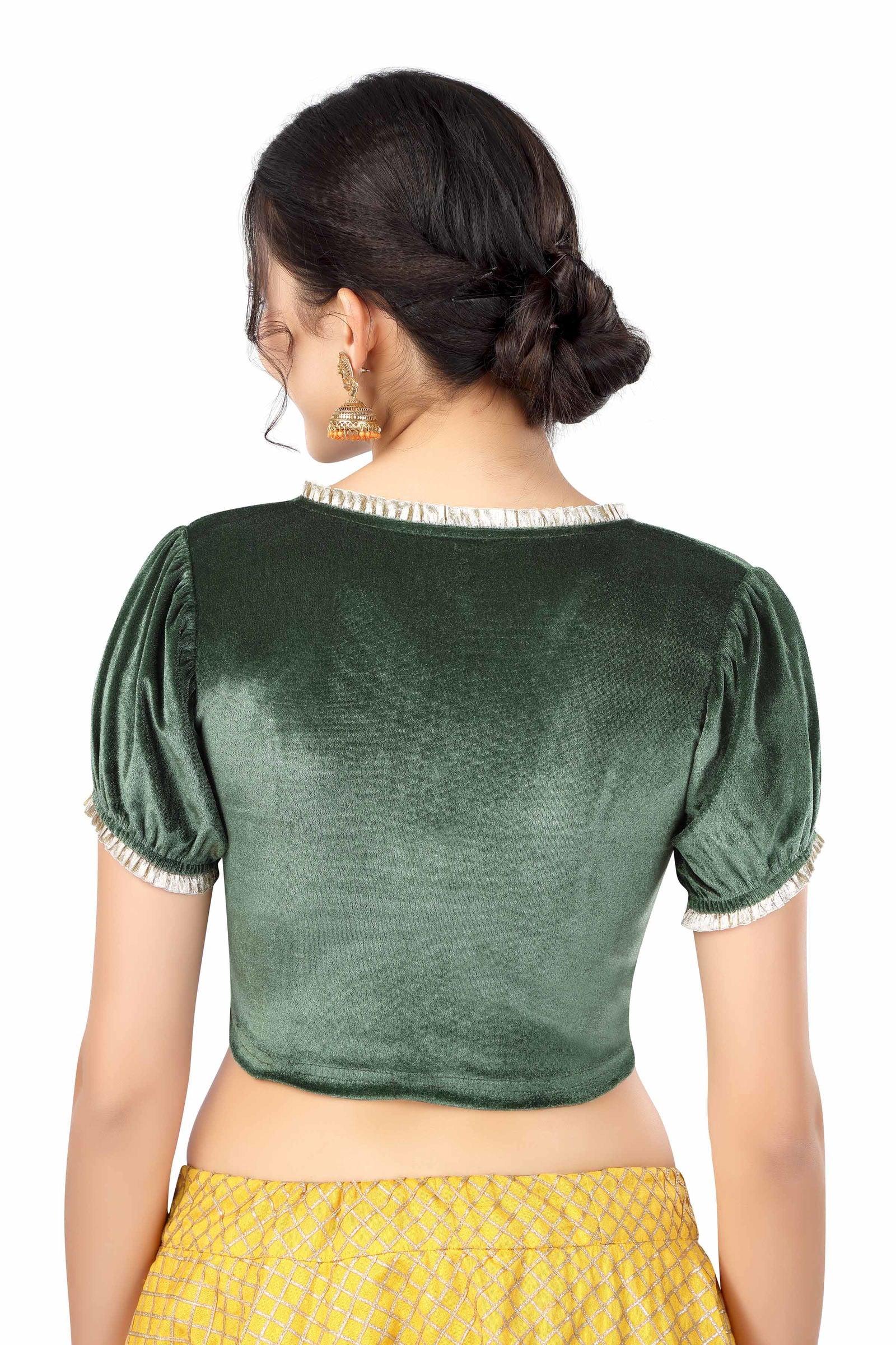 Stay On Trend: Latest Fashion Readymade Blouses for Women,V neckline  neckline adorned with fancy pearl colour ruffle lace,balloon sleeves with ruffle hem. 32028 