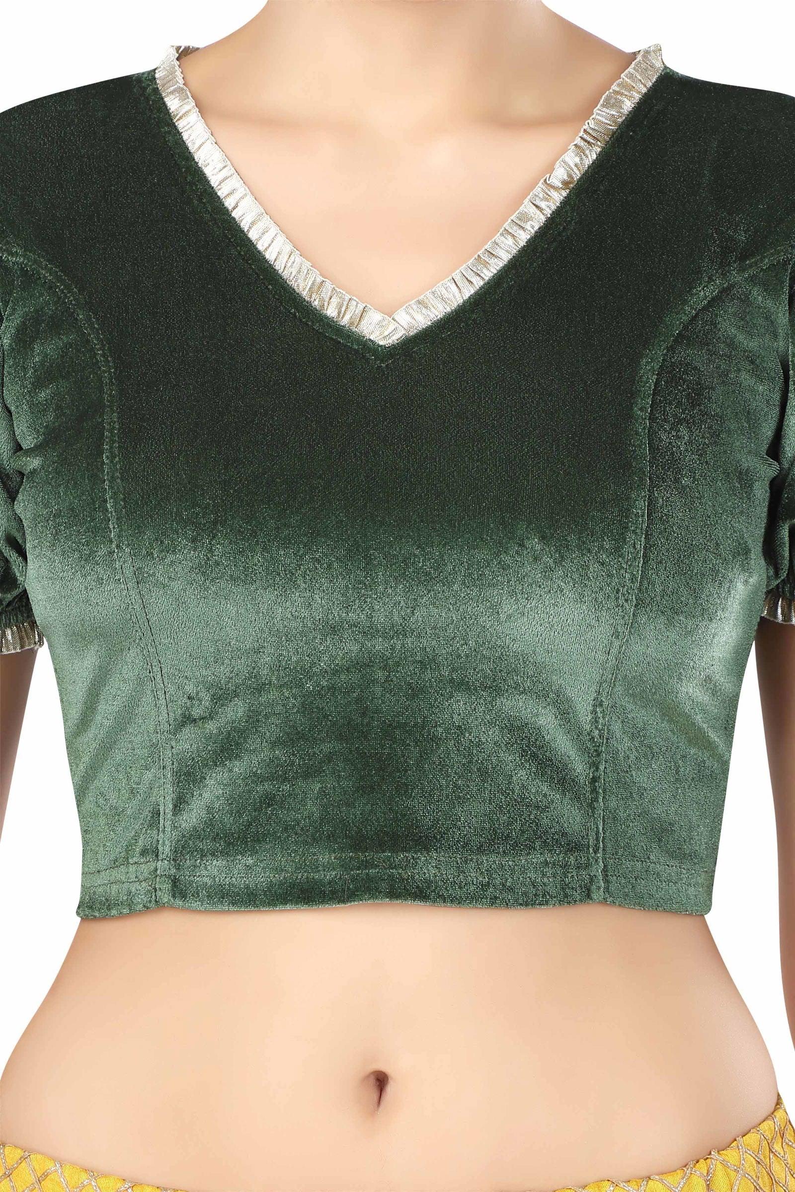 Stay On Trend: Latest Fashion Readymade Blouses for Women,V neckline  neckline adorned with fancy pearl colour ruffle lace,balloon sleeves with ruffle hem. 32028 