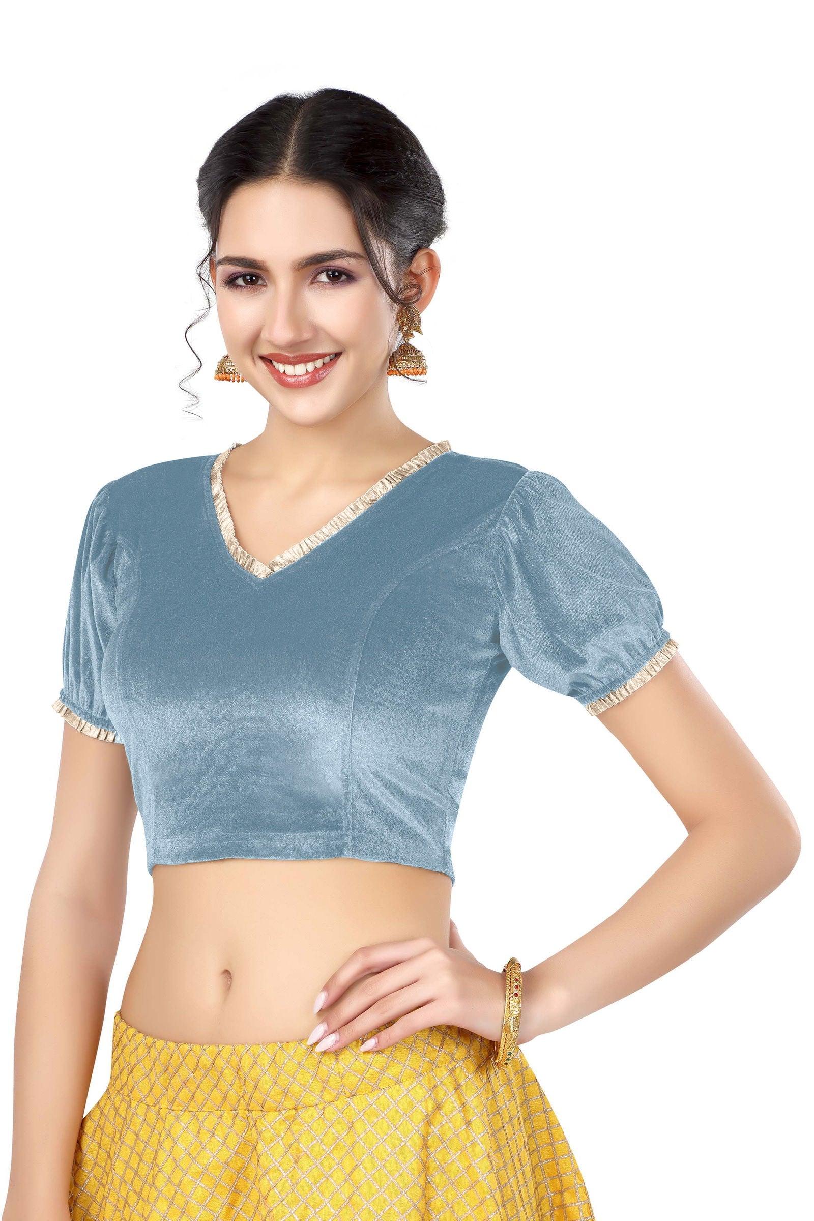 Stay On Trend: Latest Fashion Readymade Blouses for Women,V neckline  neckline adorned with fancy pearl colour ruffle lace,balloon sleeves with ruffle hem. 32028 