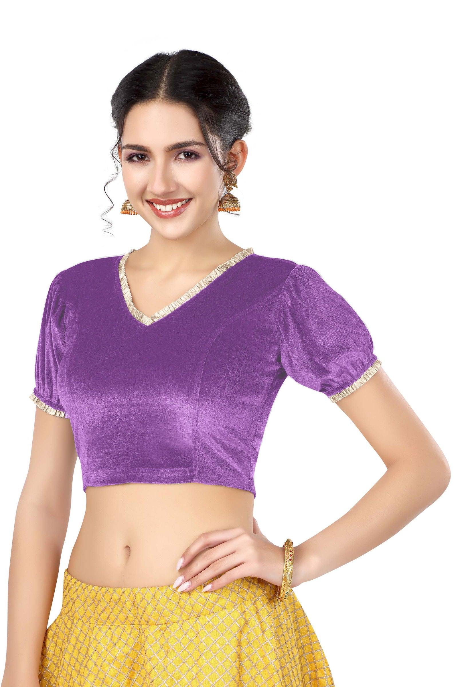 Stay On Trend: Latest Fashion Readymade Blouses for Women,V neckline  neckline adorned with fancy pearl colour ruffle lace,balloon sleeves with ruffle hem. 32028 