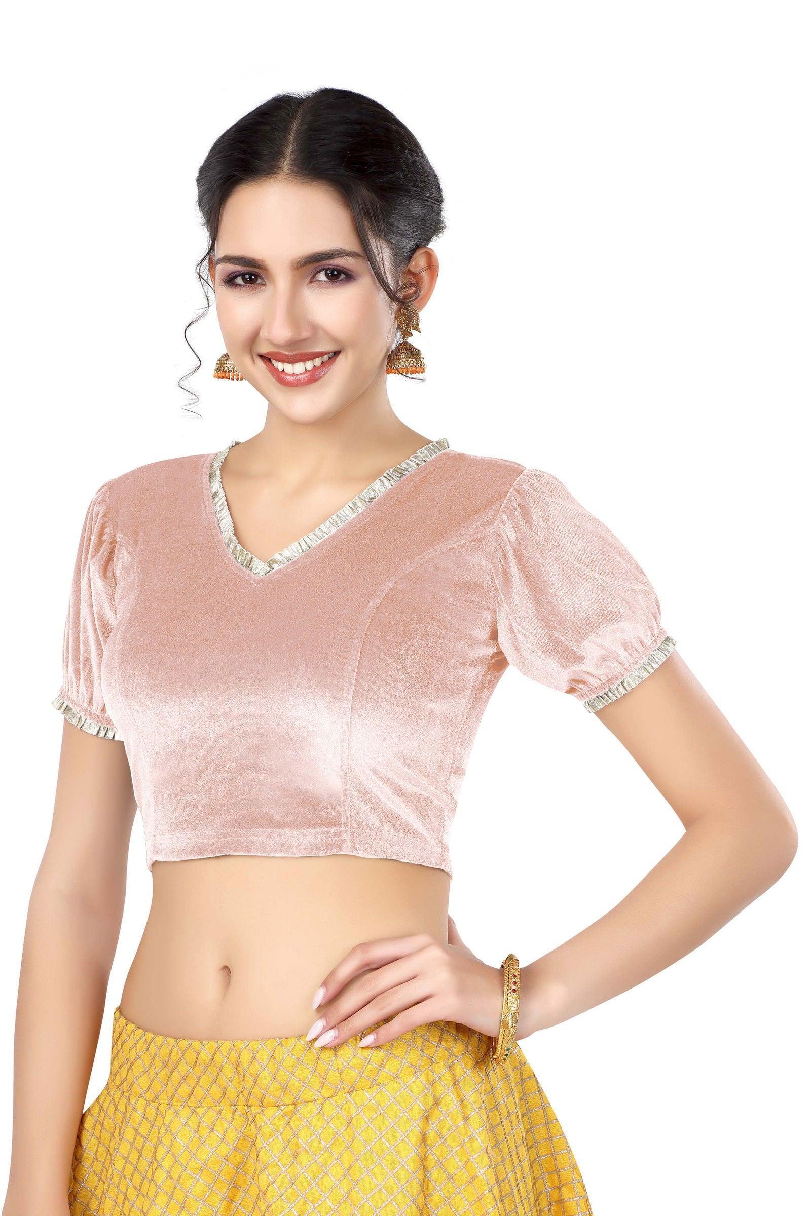 Stay On Trend: Latest Fashion Readymade Blouses for Women,V neckline  neckline adorned with fancy pearl colour ruffle lace,balloon sleeves with ruffle hem. 32028 
