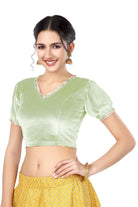 Stay On Trend: Latest Fashion Readymade Blouses for Women,V neckline  neckline adorned with fancy pearl colour ruffle lace,balloon sleeves with ruffle hem. 32028 