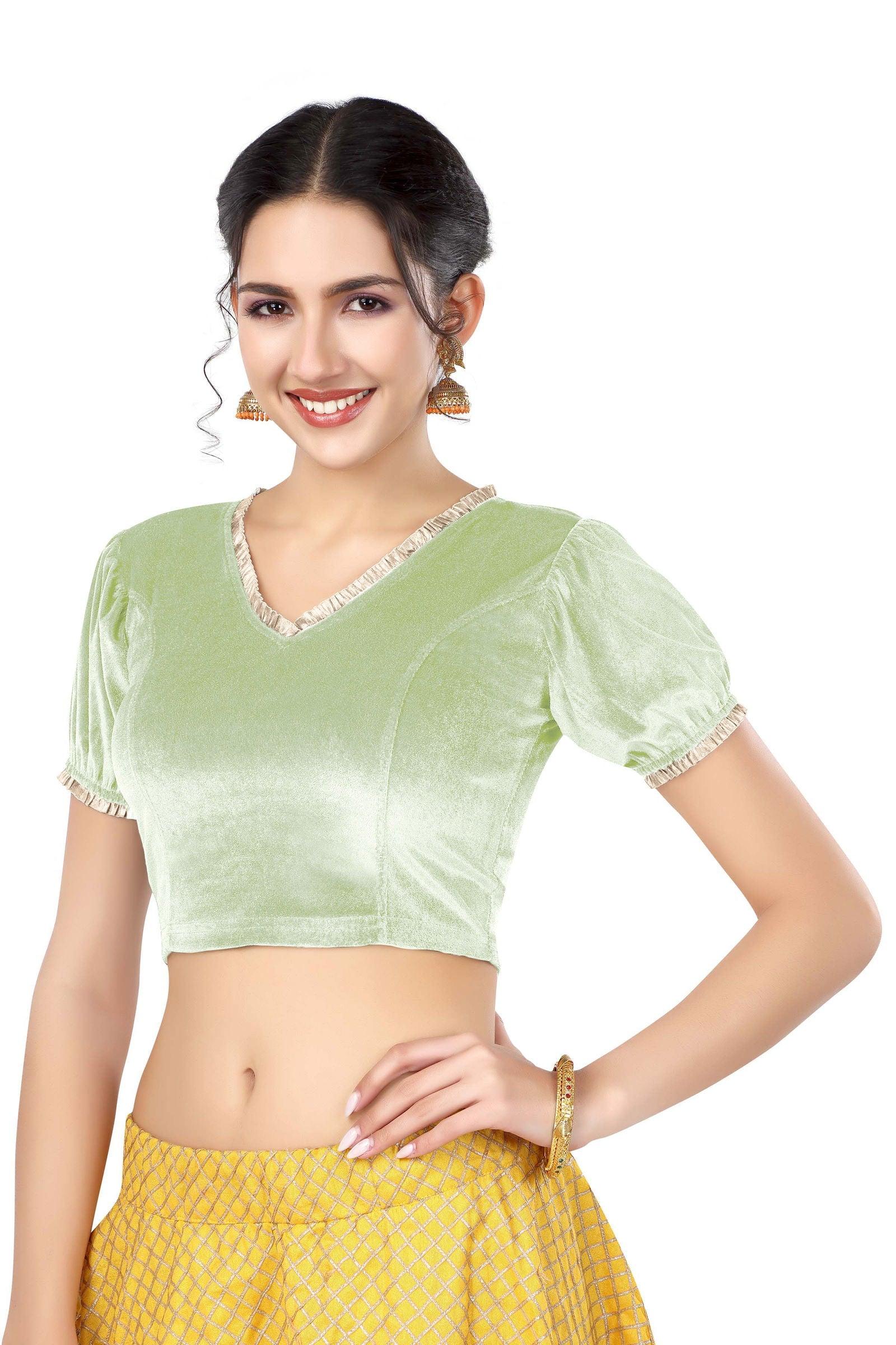 Stay On Trend: Latest Fashion Readymade Blouses for Women,V neckline  neckline adorned with fancy pearl colour ruffle lace,balloon sleeves with ruffle hem. 32028 