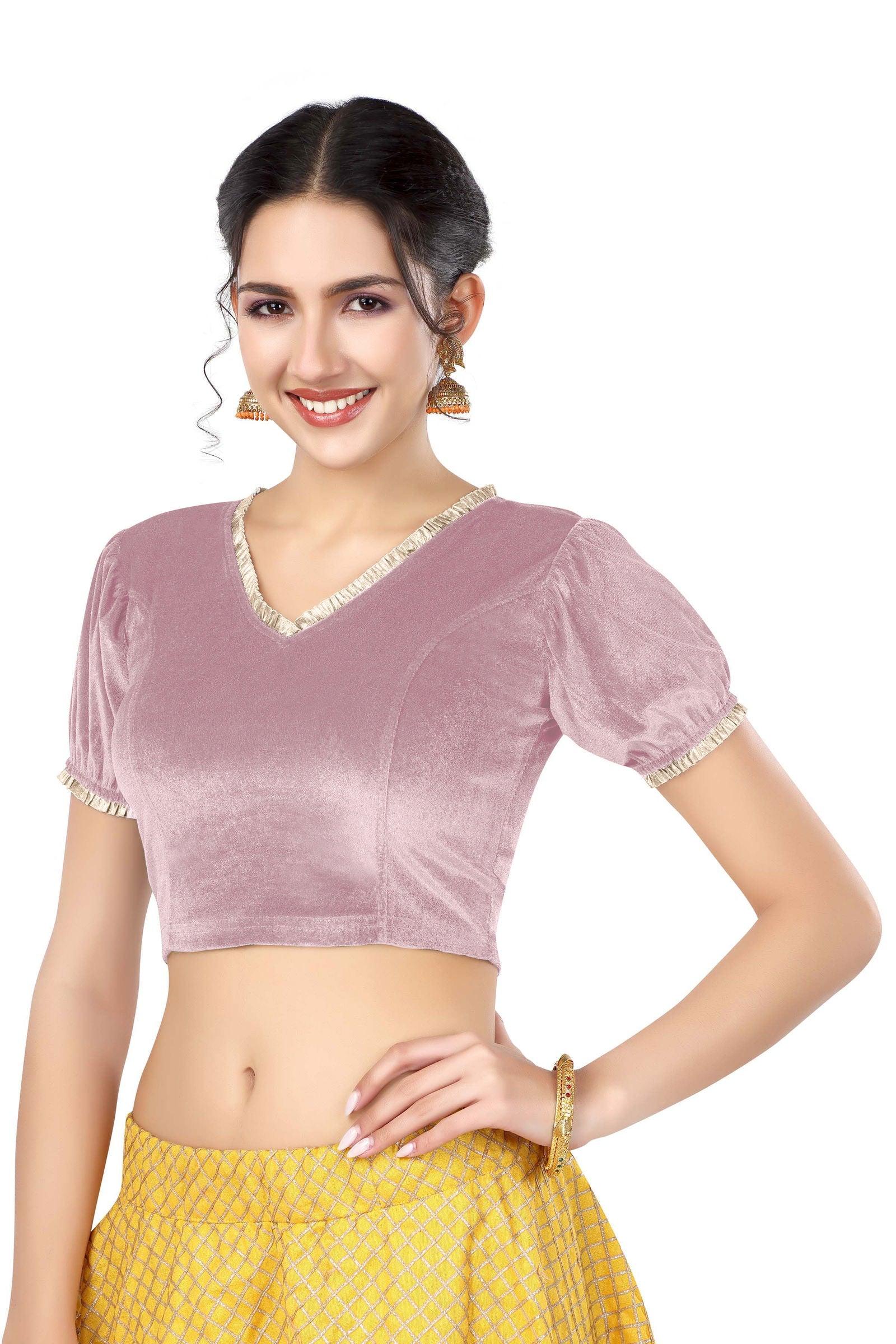 Stay On Trend: Latest Fashion Readymade Blouses for Women,V neckline  neckline adorned with fancy pearl colour ruffle lace,balloon sleeves with ruffle hem. 32028 