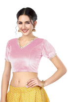 Stay On Trend: Latest Fashion Readymade Blouses for Women,V neckline  neckline adorned with fancy pearl colour ruffle lace,balloon sleeves with ruffle hem. 32028 