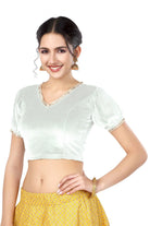 Stay On Trend: Latest Fashion Readymade Blouses for Women,V neckline  neckline adorned with fancy pearl colour ruffle lace,balloon sleeves with ruffle hem. 32028 