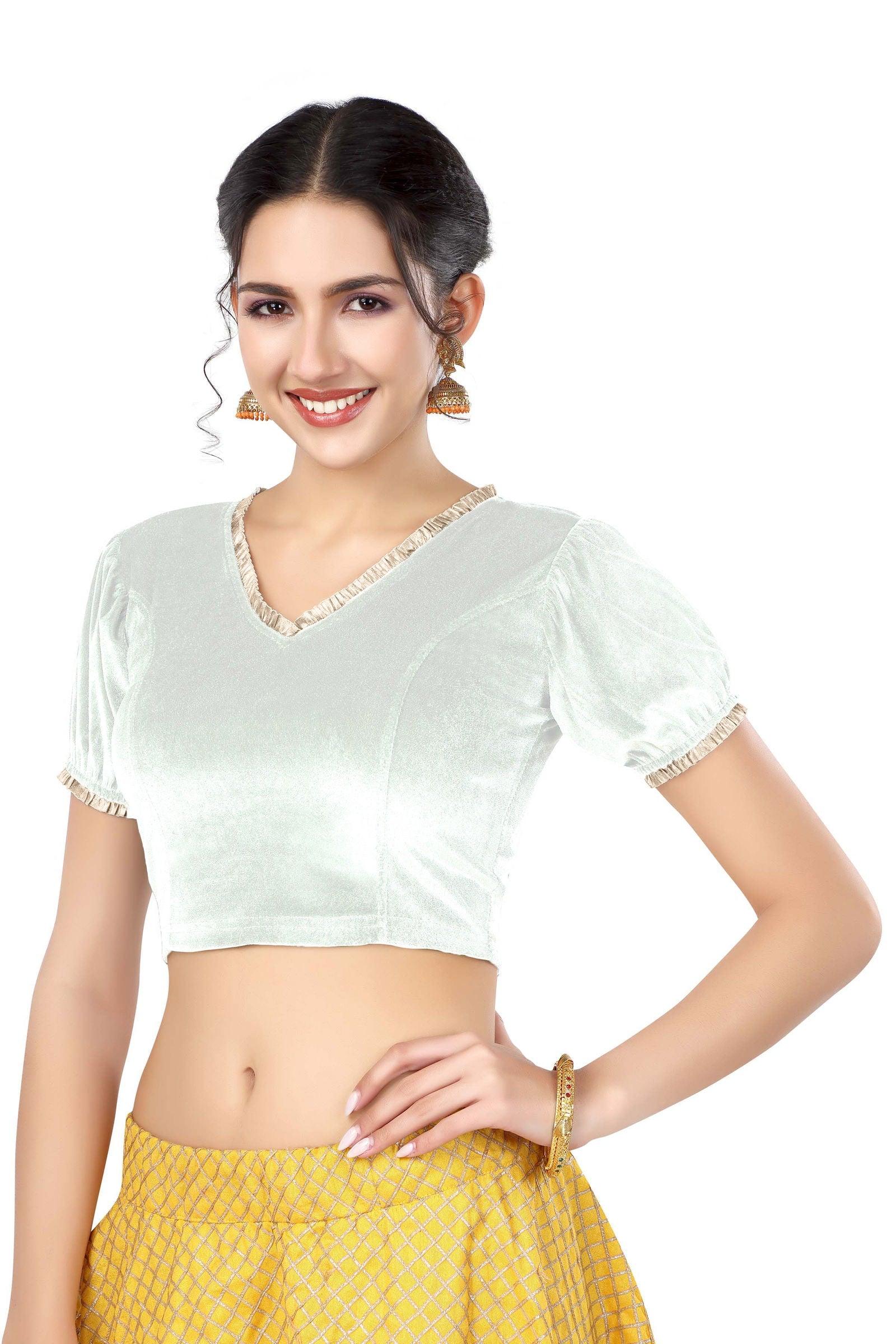 Stay On Trend: Latest Fashion Readymade Blouses for Women,V neckline  neckline adorned with fancy pearl colour ruffle lace,balloon sleeves with ruffle hem. 32028 