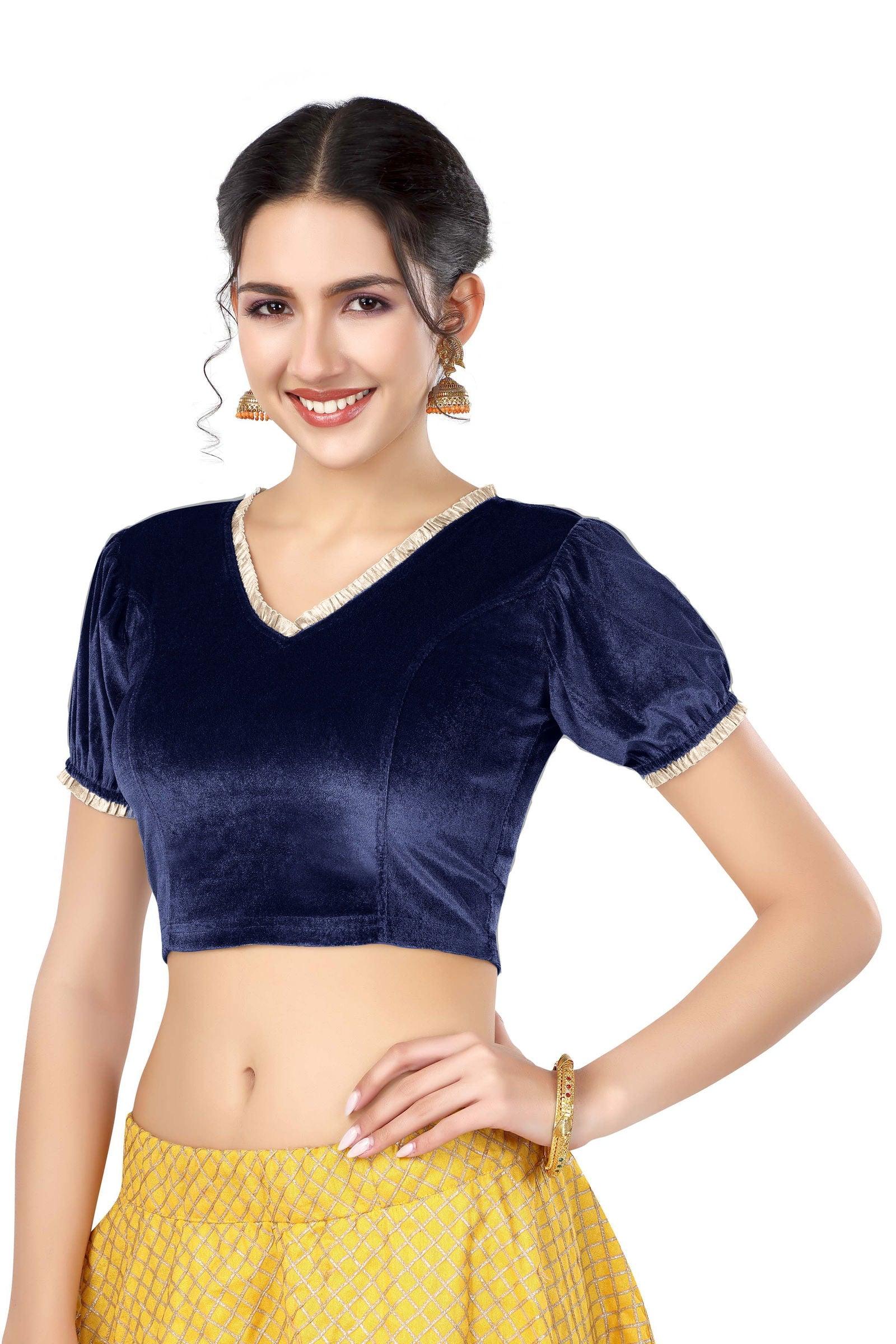 Stay On Trend: Latest Fashion Readymade Blouses for Women,V neckline  neckline adorned with fancy pearl colour ruffle lace,balloon sleeves with ruffle hem. 32028 