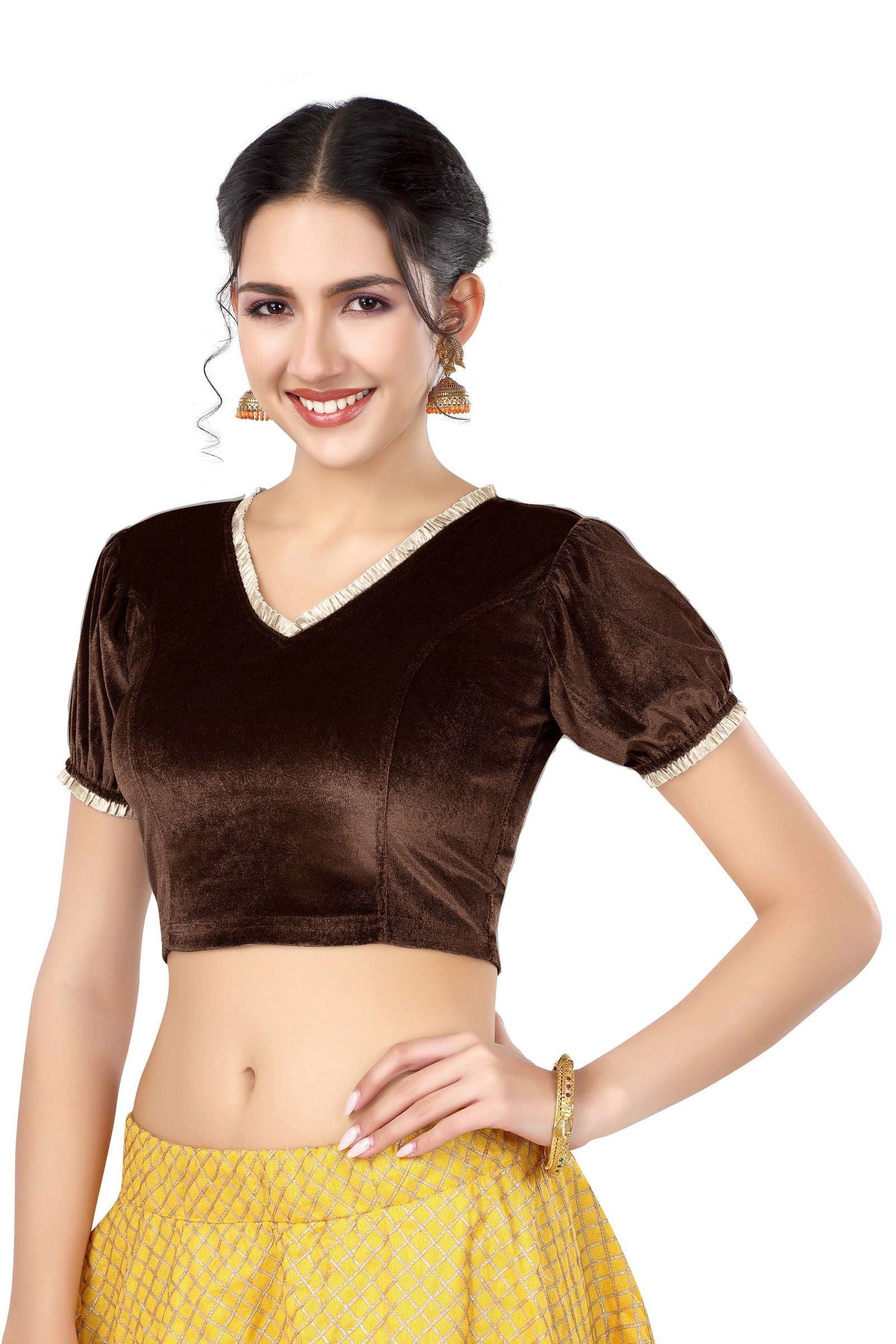 Stay On Trend: Latest Fashion Readymade Blouses for Women,V neckline  neckline adorned with fancy pearl colour ruffle lace,balloon sleeves with ruffle hem. 32028 