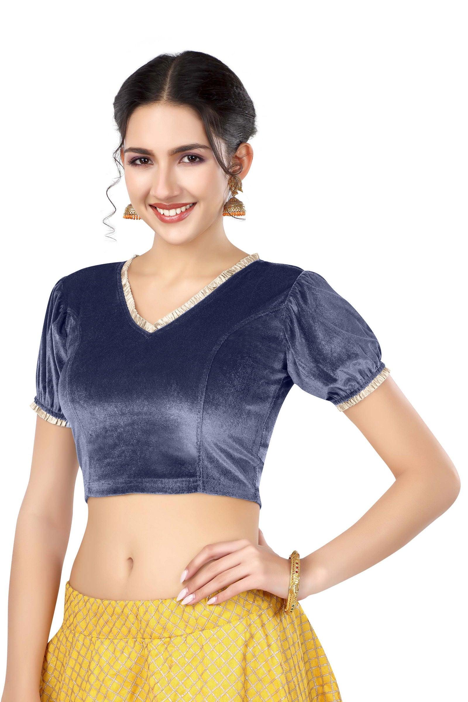 Stay On Trend: Latest Fashion Readymade Blouses for Women,V neckline  neckline adorned with fancy pearl colour ruffle lace,balloon sleeves with ruffle hem. 32028 