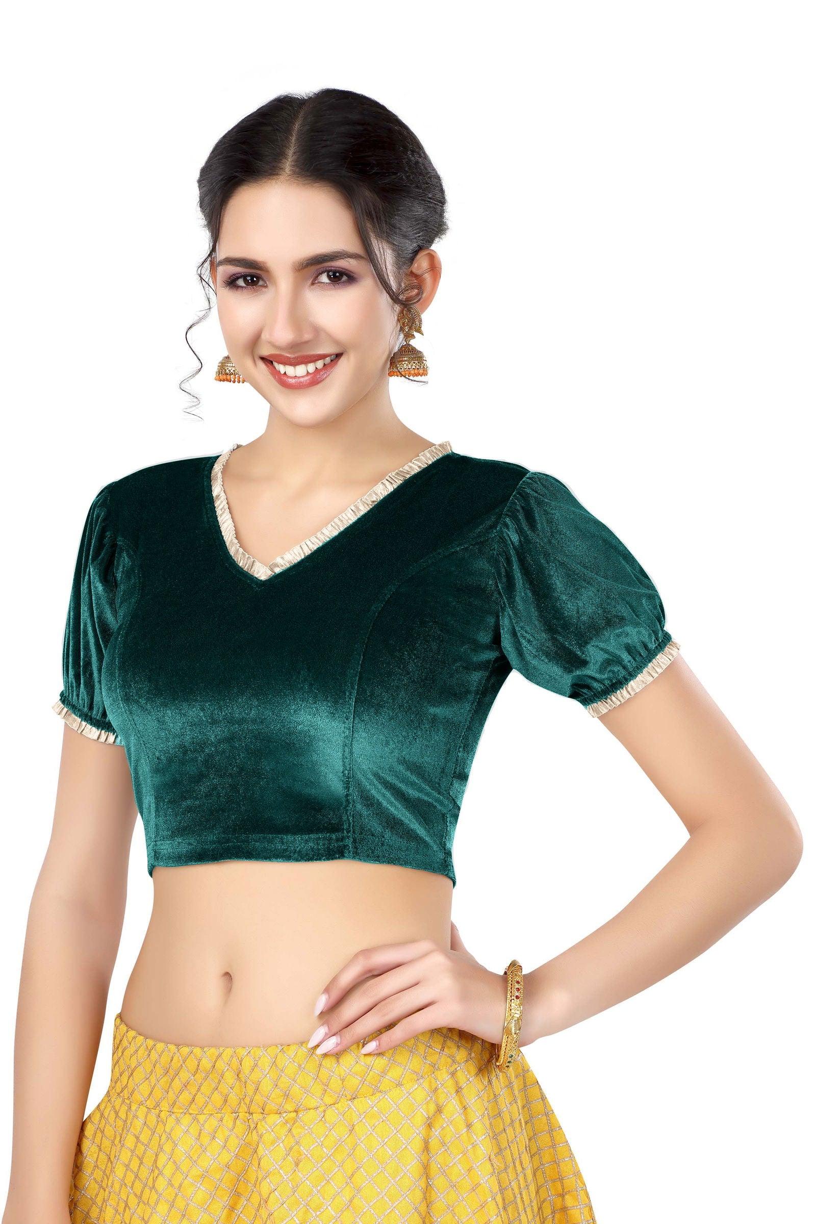 Stay On Trend: Latest Fashion Readymade Blouses for Women,V neckline  neckline adorned with fancy pearl colour ruffle lace,balloon sleeves with ruffle hem. 32028 