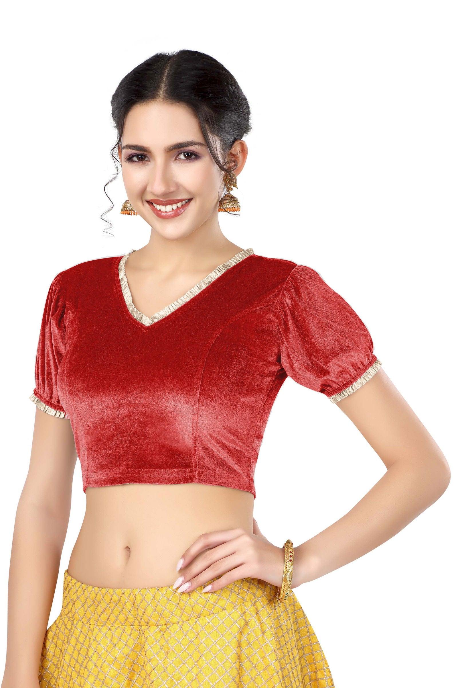 Stay On Trend: Latest Fashion Readymade Blouses for Women,V neckline  neckline adorned with fancy pearl colour ruffle lace,balloon sleeves with ruffle hem. 32028 