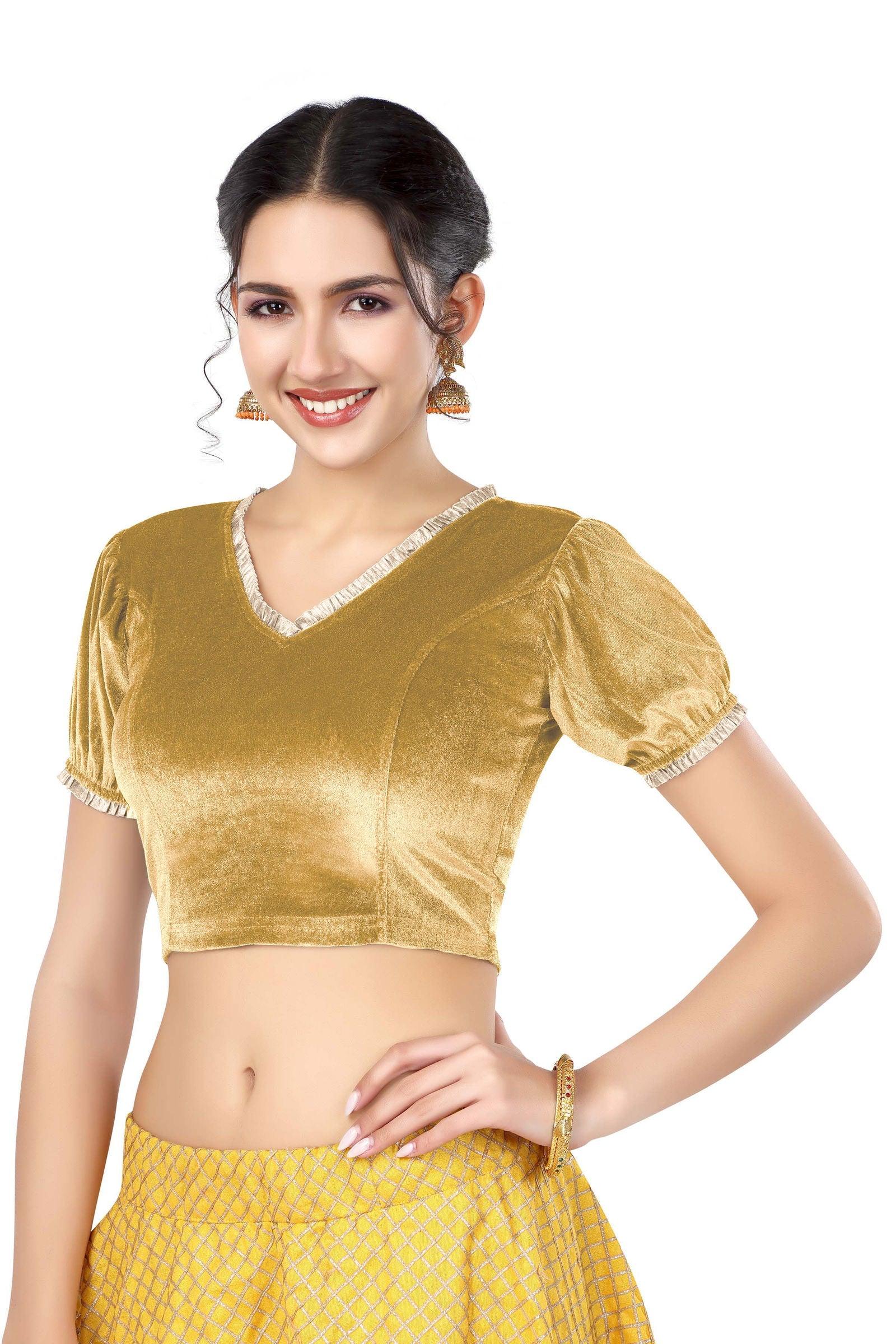 Stay On Trend: Latest Fashion Readymade Blouses for Women,V neckline  neckline adorned with fancy pearl colour ruffle lace,balloon sleeves with ruffle hem. 32028 