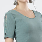 Stay On Trend: Latest Fashion Readymade Blouses for Women,round neckline ,adorned with hand dyed crochet lace on sleeves.32008 